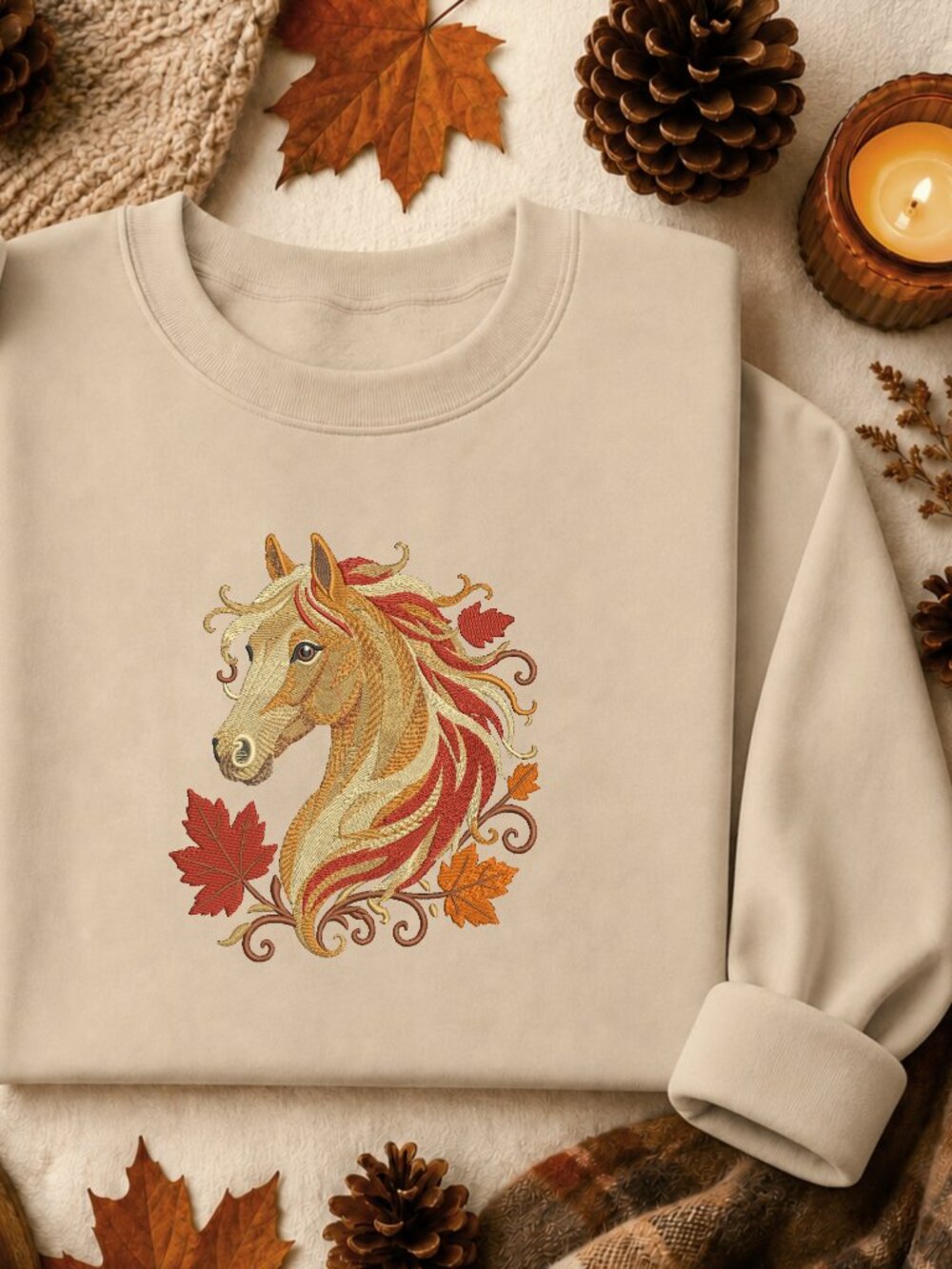 Horse Sweatshirt Embroidered Unisex Crewneck Fall Autumn Leaves Cozy Season Gift